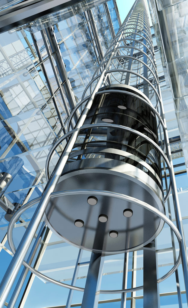 Panoramic glass capsule lift in a modern atrium
