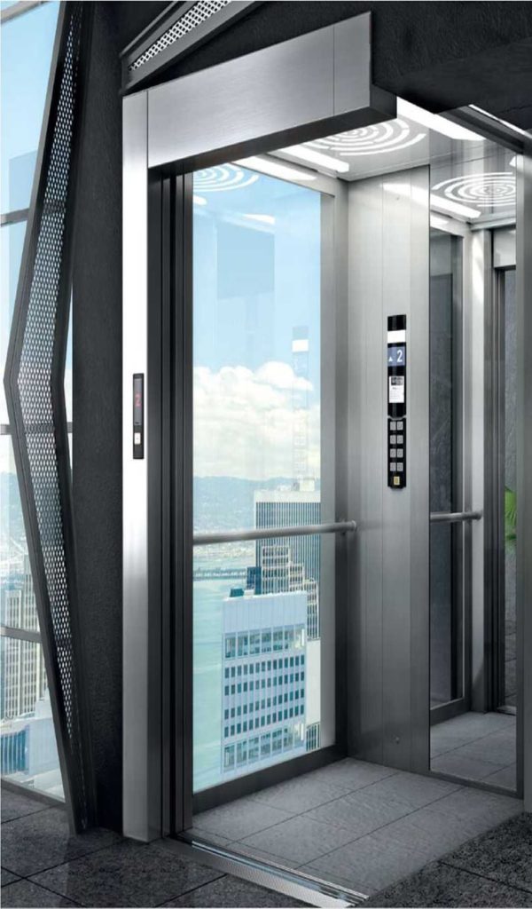Luxury lift cabin interior with glass walls