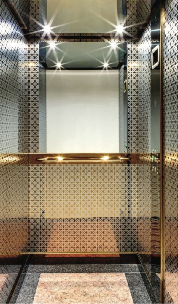 Smart lift cabin interior with mirrored panels